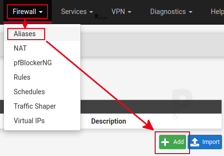 menu Firewall > Aliases on pfSense (Provya)